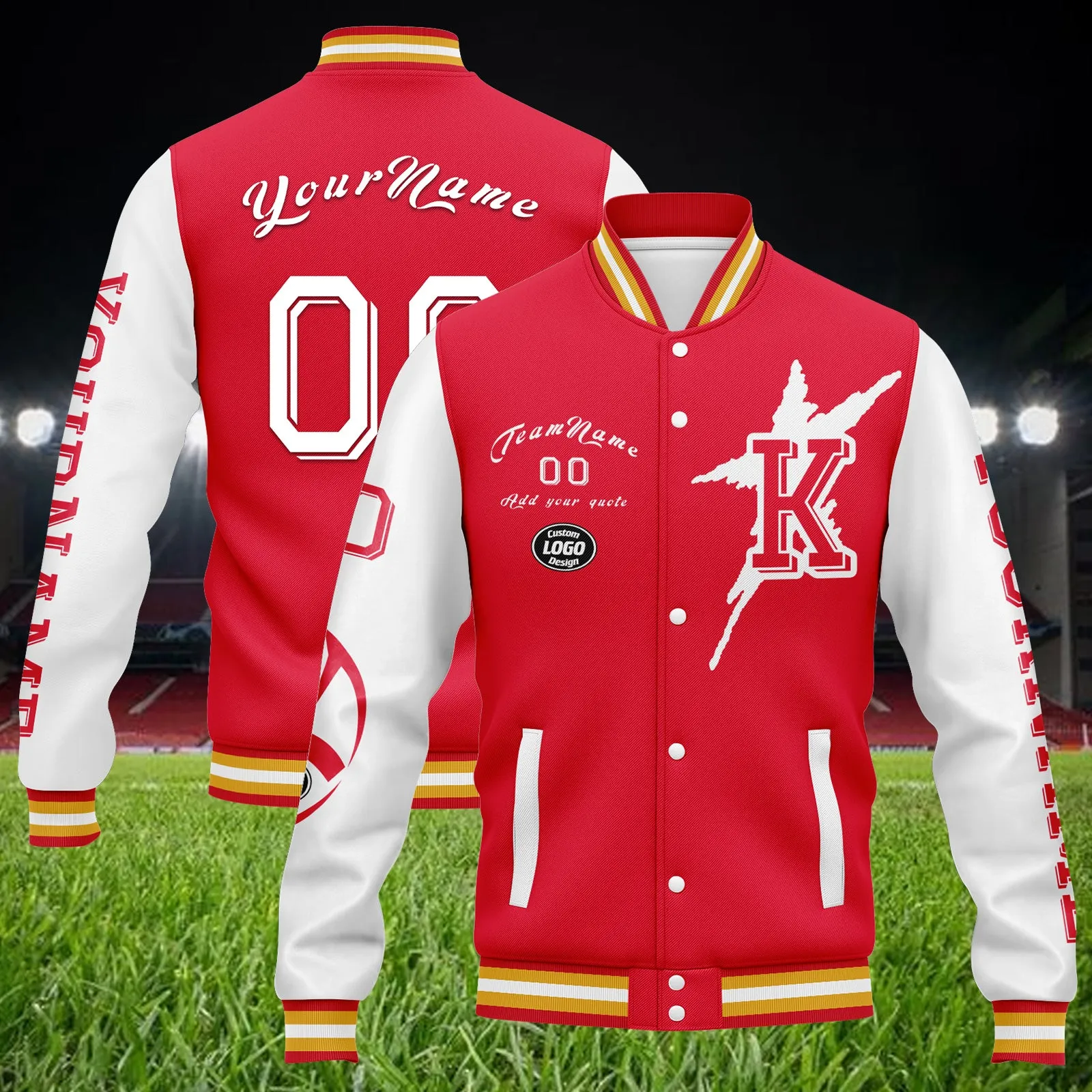 Custom Red White Kansas City Jacket Bomber Full-Snap Varsity Letterman Personalized Jacket FZ005SX-D020290-18