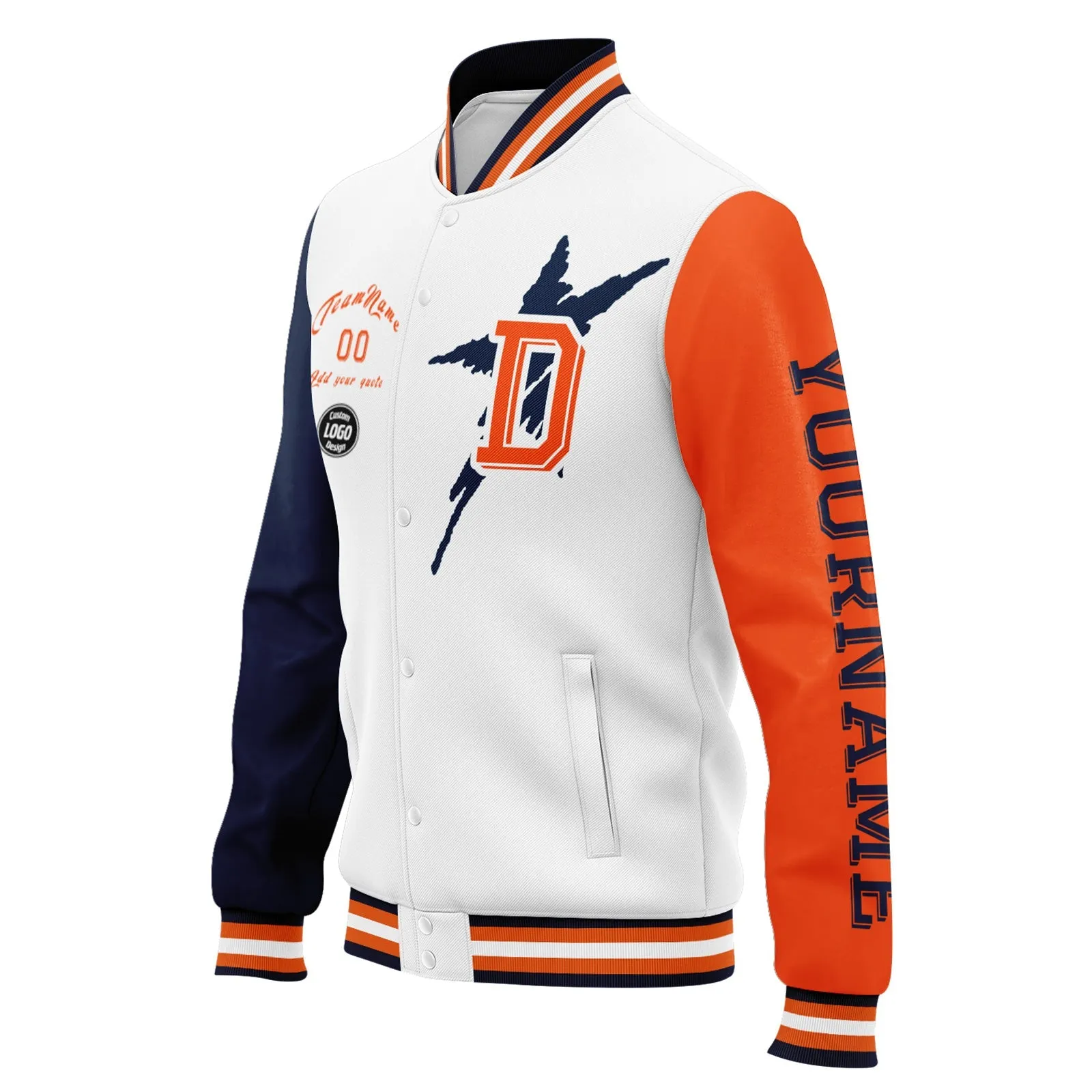 Custom White Denver Jacket Bomber Full-Snap Varsity Letterman Personalized Jacket FZ005SX-D020290-10