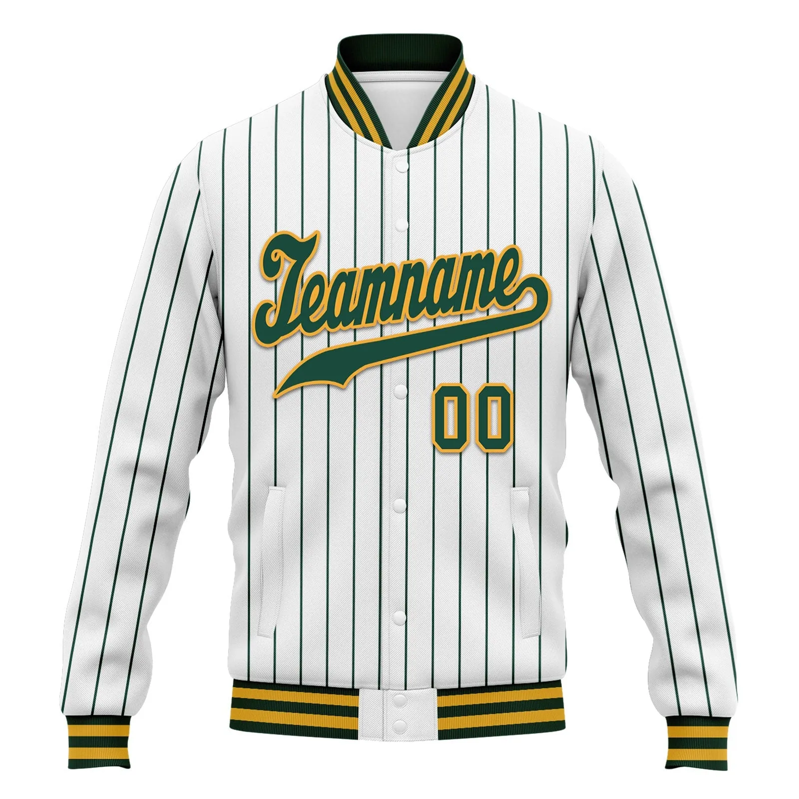 Custom White Forest Green Stripe Fashion Jacket Bomber Full-Snap Varsity Letterman Personalized Jacket FZ005-D020219-5