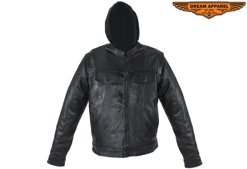 Dream Apparel Black Leather Jacket with Removable Sleeves & Hoodie