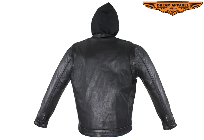 Dream Apparel Black Leather Jacket with Removable Sleeves & Hoodie