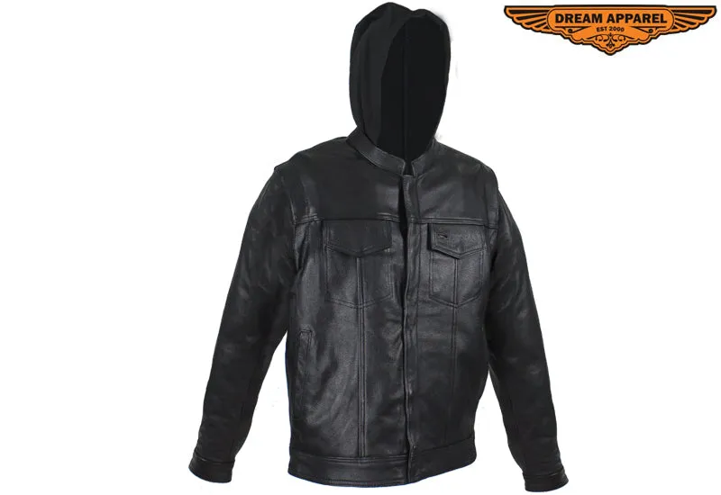 Dream Apparel Black Leather Jacket with Removable Sleeves & Hoodie