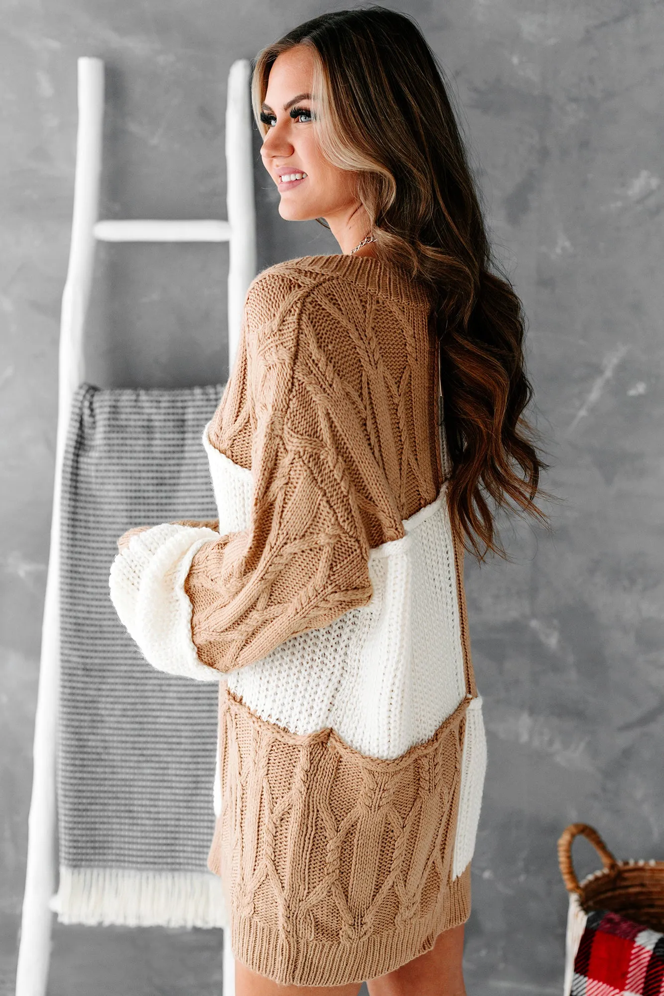 Dreamy In Patchwork Oversized Tunic Patchwork Sweater (Camel/Cream)