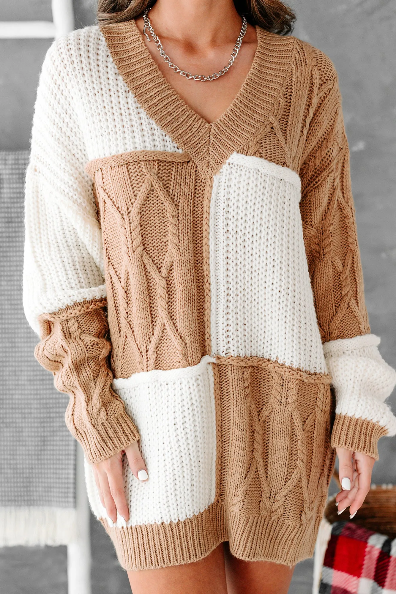 Dreamy In Patchwork Oversized Tunic Patchwork Sweater (Camel/Cream)