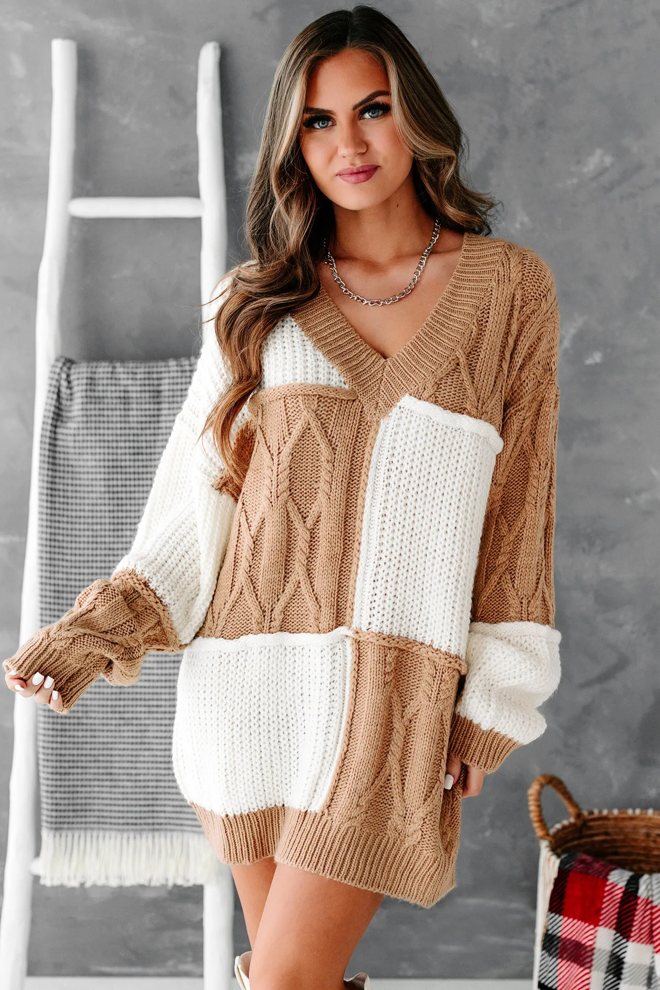 Dreamy In Patchwork Oversized Tunic Patchwork Sweater (Camel/Cream)