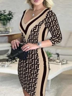 Elegant V-Neck Floral Print Long Sleeve Bodycon Dress Autumn Wear