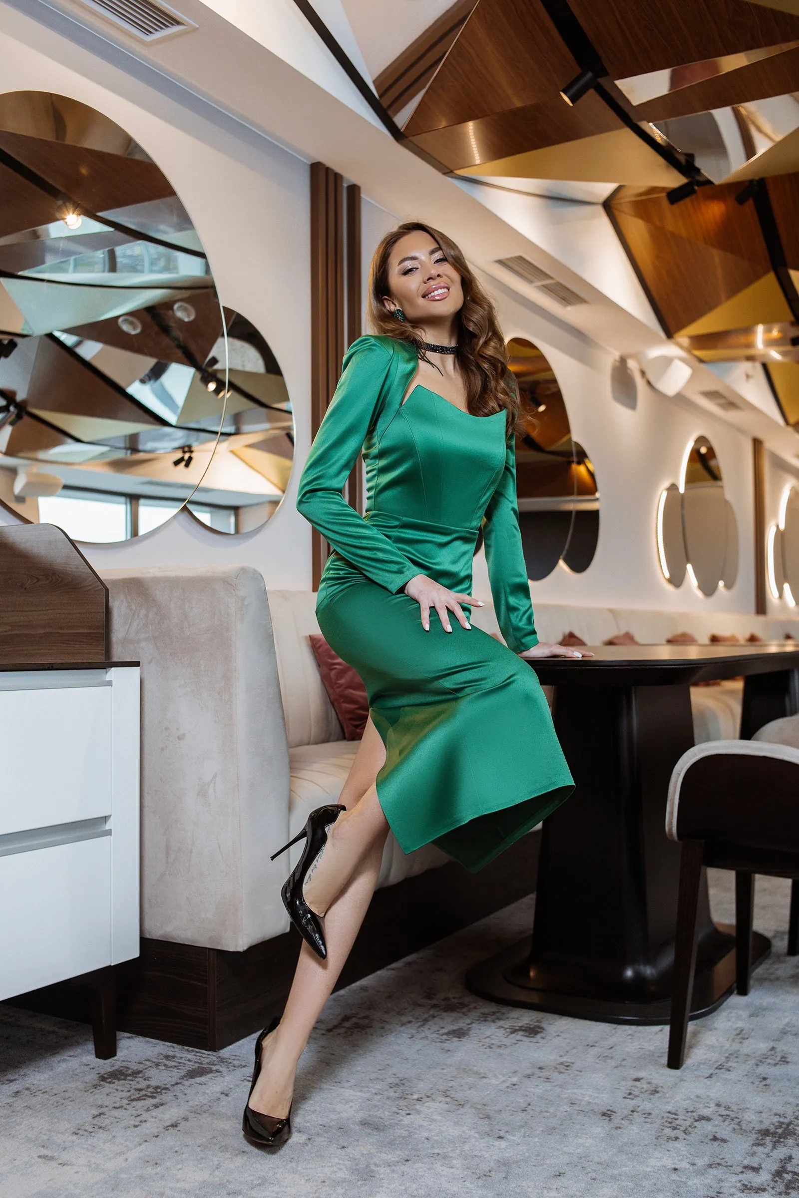 Emerald Satin Long Sleeve Midi Dress