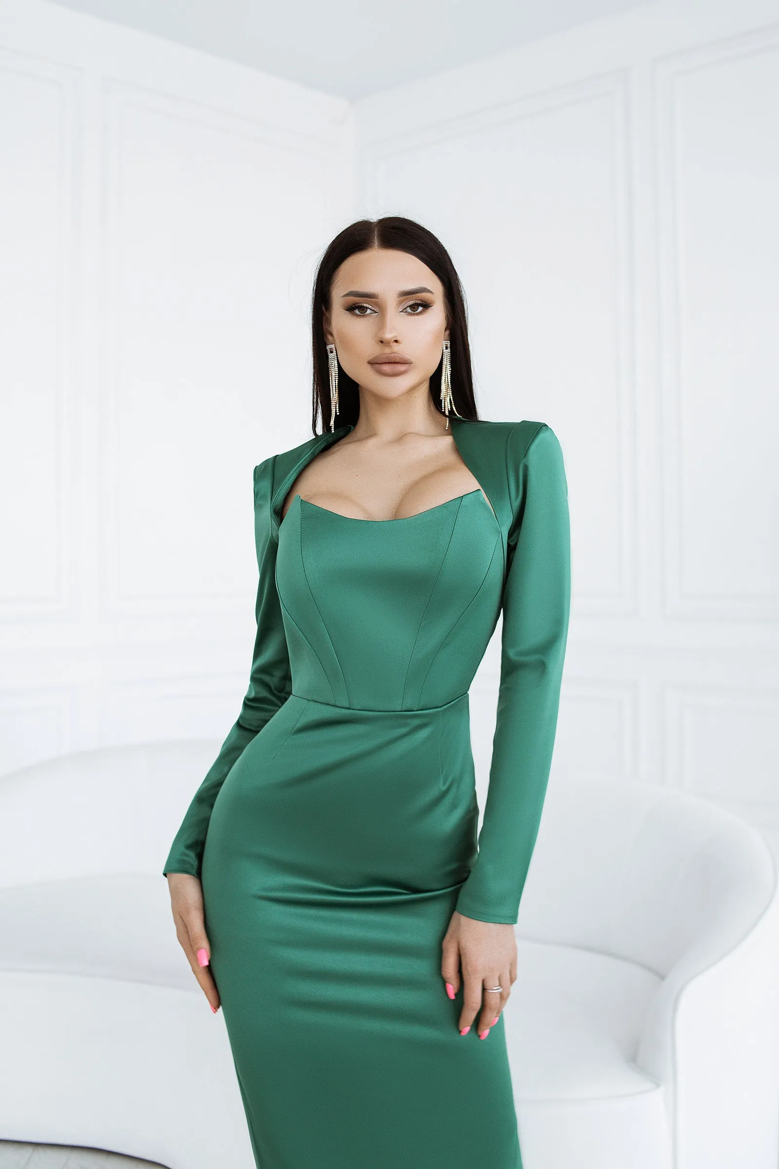 Emerald Satin Long Sleeve Midi Dress