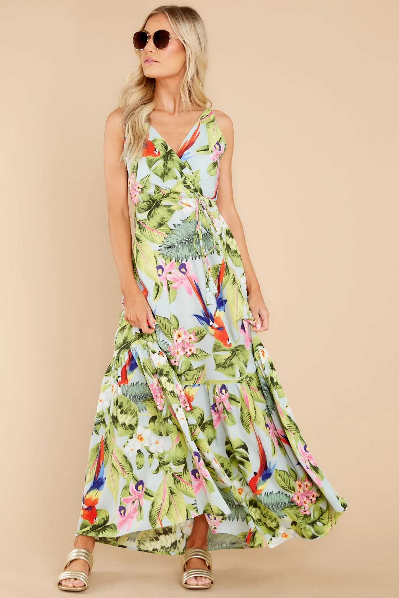 Exotic Getaway Sage Multi Tropical Print Maxi Dress