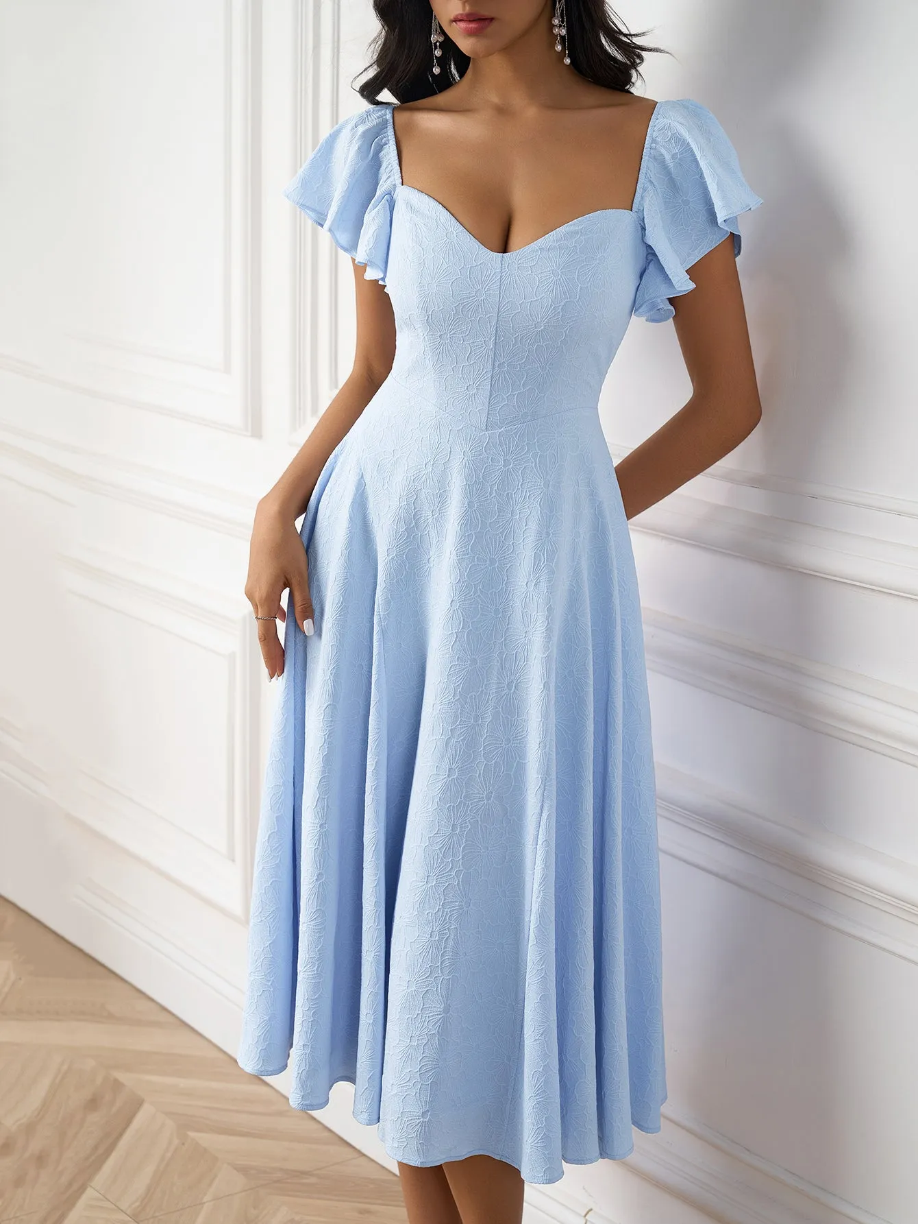 Flounce Sleeve Jacquard Solid Midi Dress