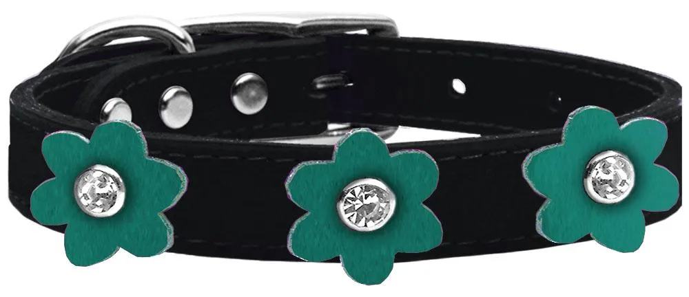 Flower Leather Collar Black With Jade Flowers Size 10