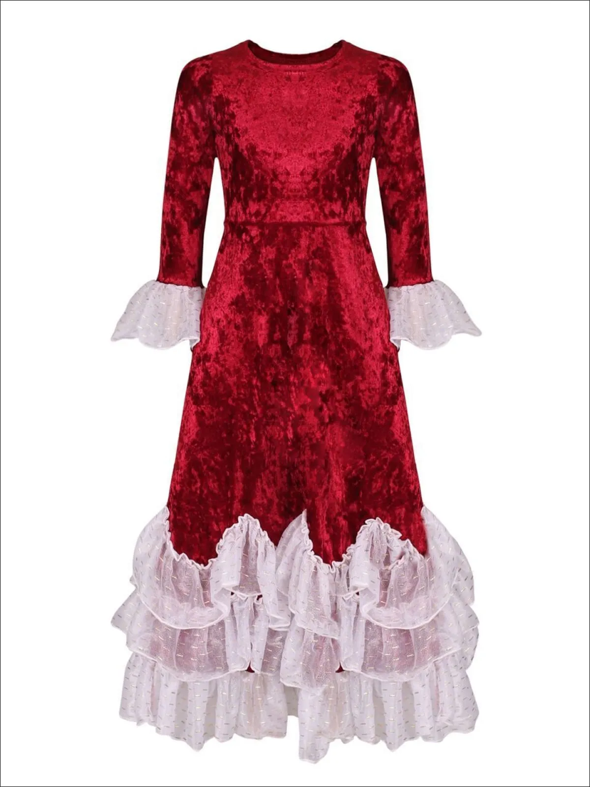 Girls Burgundy Velvet Princess Maxi Holiday Dress with Ruffled Waves