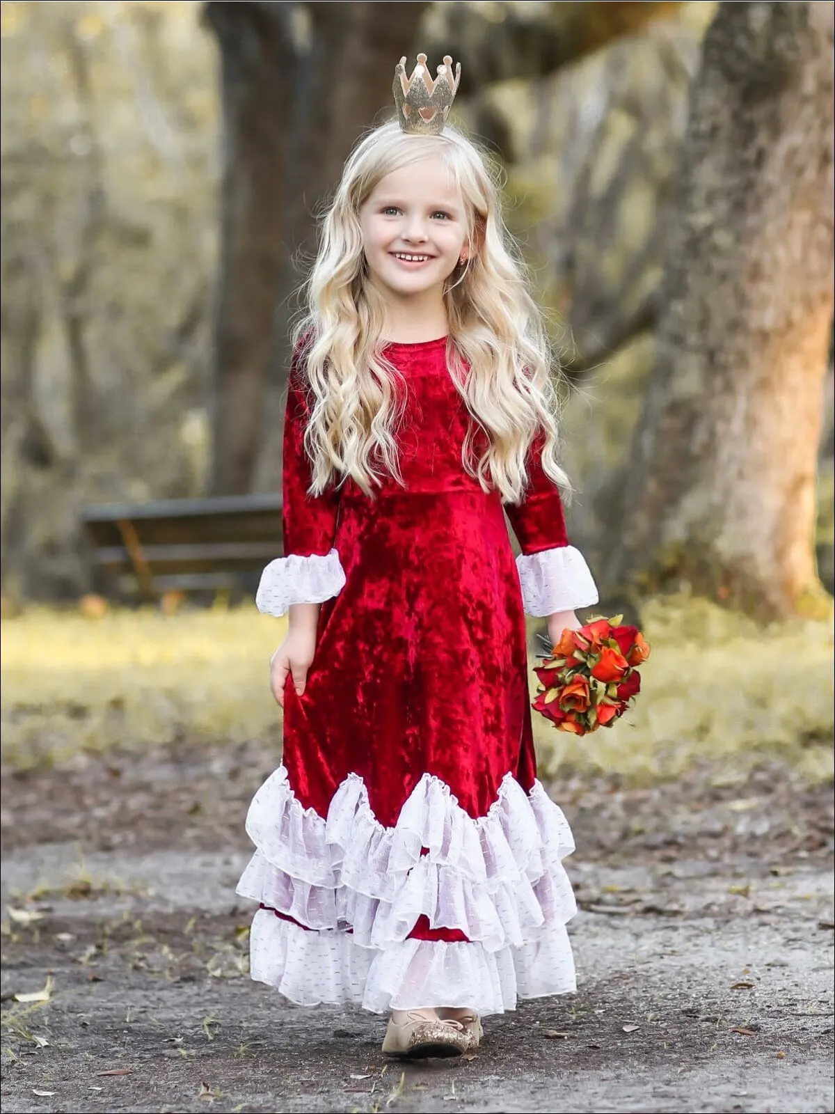 Girls Burgundy Velvet Princess Maxi Holiday Dress with Ruffled Waves