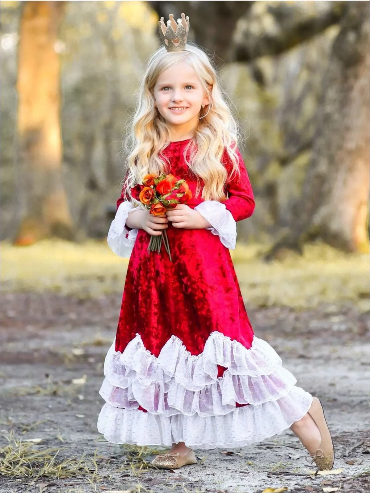 Girls Burgundy Velvet Princess Maxi Holiday Dress with Ruffled Waves