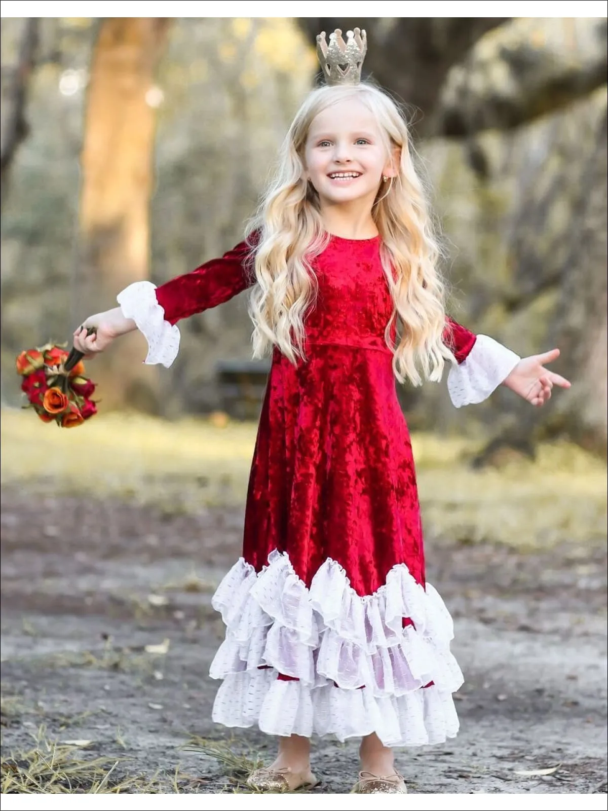 Girls Burgundy Velvet Princess Maxi Holiday Dress with Ruffled Waves