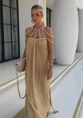 Gold Pleated Maxi Dress with Strappy Neckline for Vacation Loose Fitting