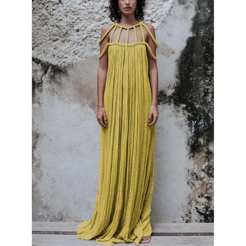 Gold Pleated Maxi Dress with Strappy Neckline for Vacation Loose Fitting