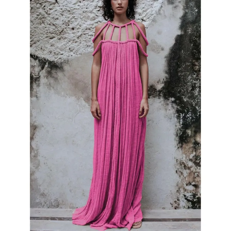 Gold Pleated Maxi Dress with Strappy Neckline for Vacation Loose Fitting