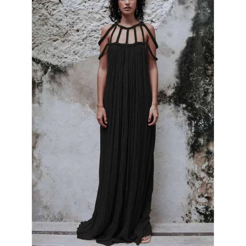 Gold Pleated Maxi Dress with Strappy Neckline for Vacation Loose Fitting