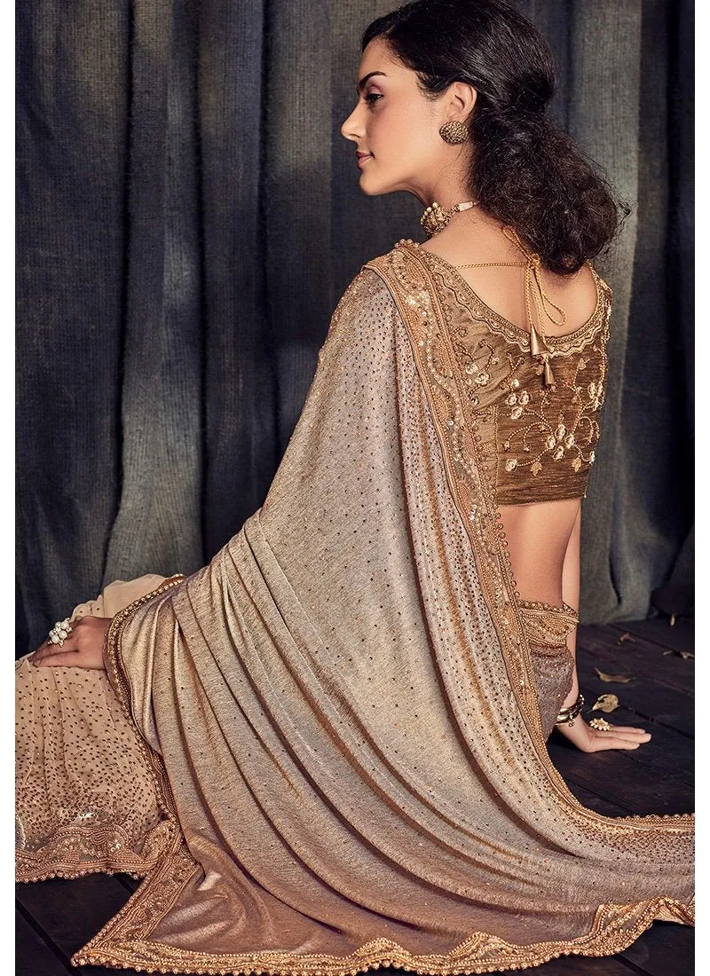 Golden Beige Overall Zari Embroidered Designer Saree