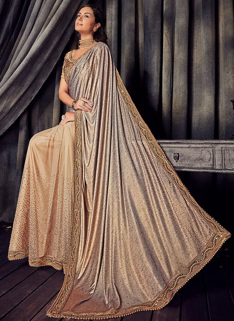 Golden Beige Overall Zari Embroidered Designer Saree