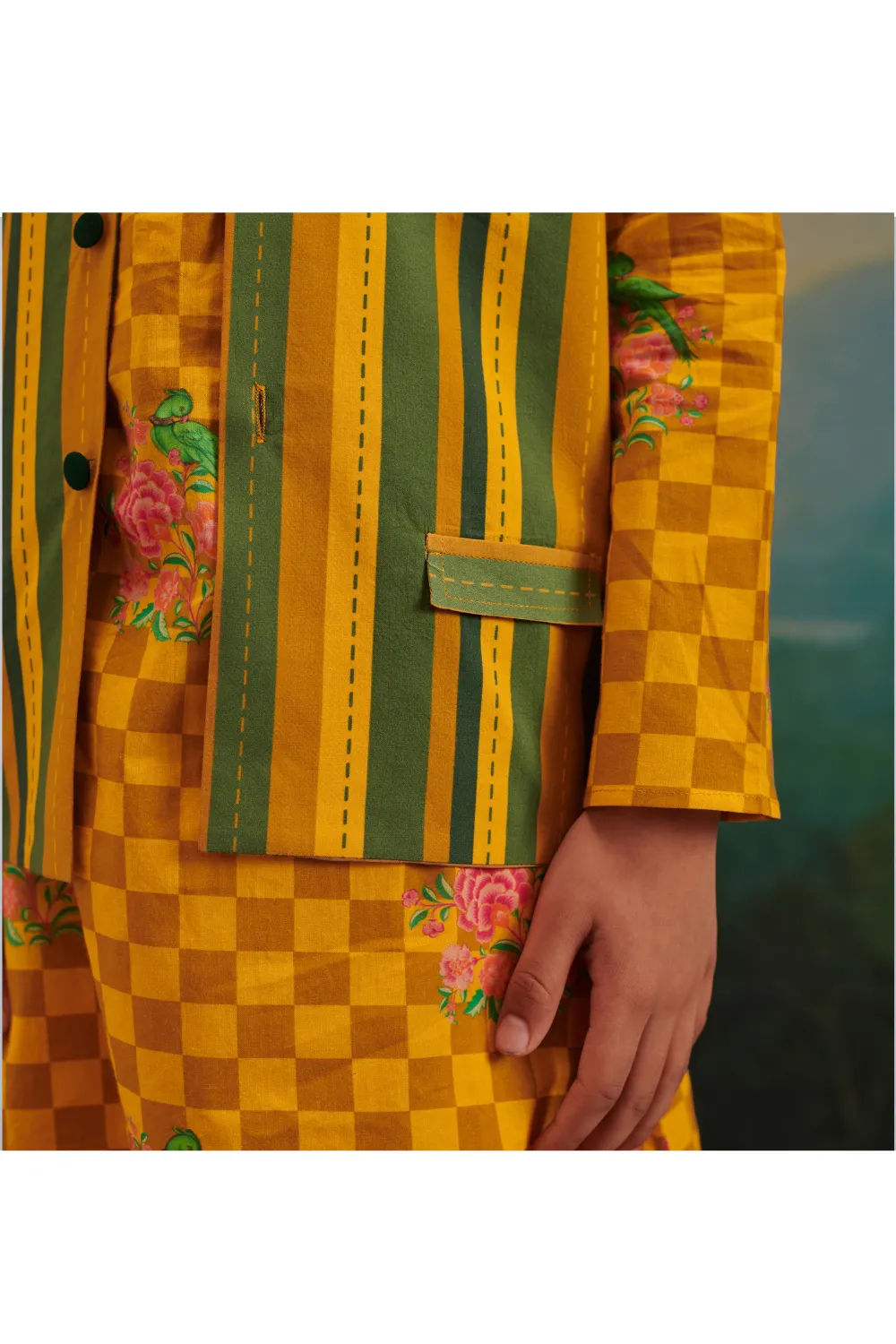 Green Cotton Stripes Printed Jacket And Yellow Floral Check Kurta With Pyjama Set