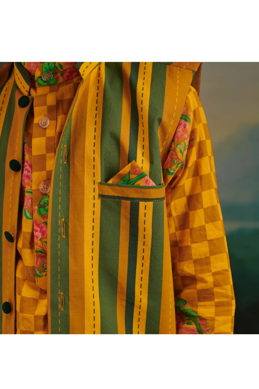 Green Cotton Stripes Printed Jacket And Yellow Floral Check Kurta With Pyjama Set