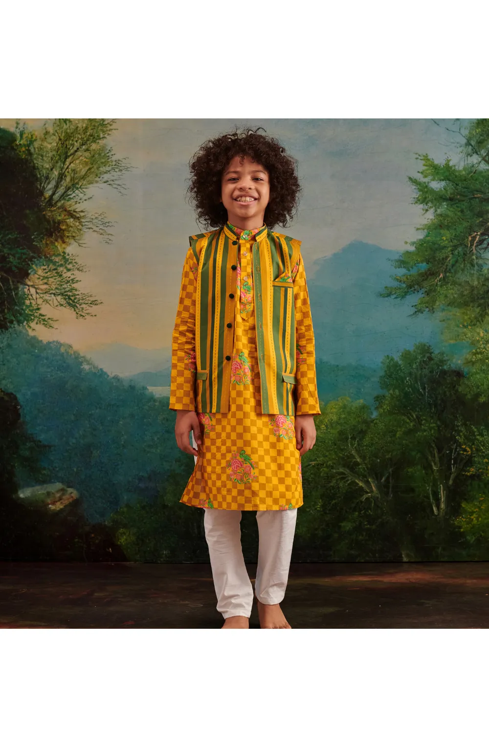 Green Cotton Stripes Printed Jacket And Yellow Floral Check Kurta With Pyjama Set