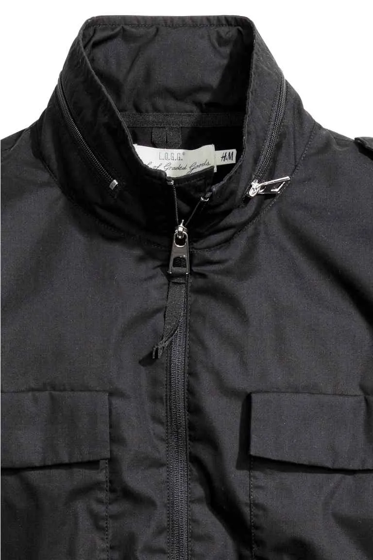 H&M Mens black cotton 4 pocket epaulette jacket w/ drawstring waist, S