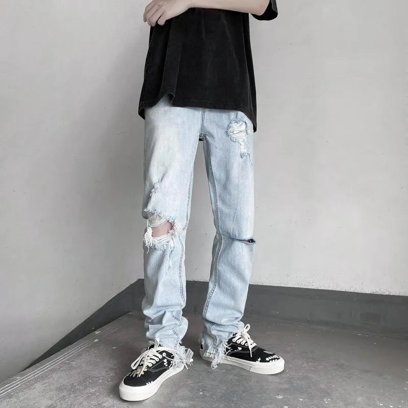 High street trend raw edge ripped jeans male ins tide thin section thin denim trousers