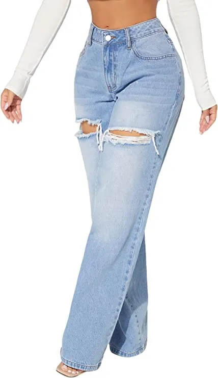 High Waist Pretty Blue Wide Leg Ripped Denim Pants