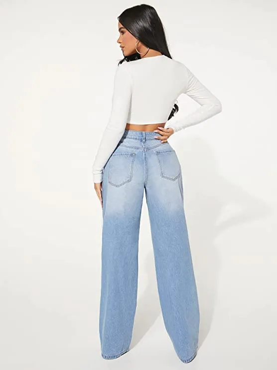 High Waist Pretty Blue Wide Leg Ripped Denim Pants