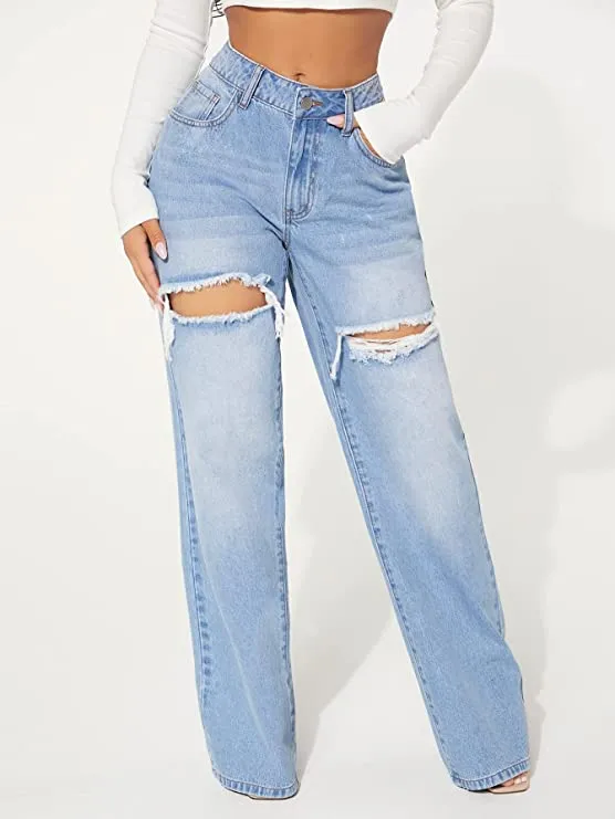 High Waist Pretty Blue Wide Leg Ripped Denim Pants