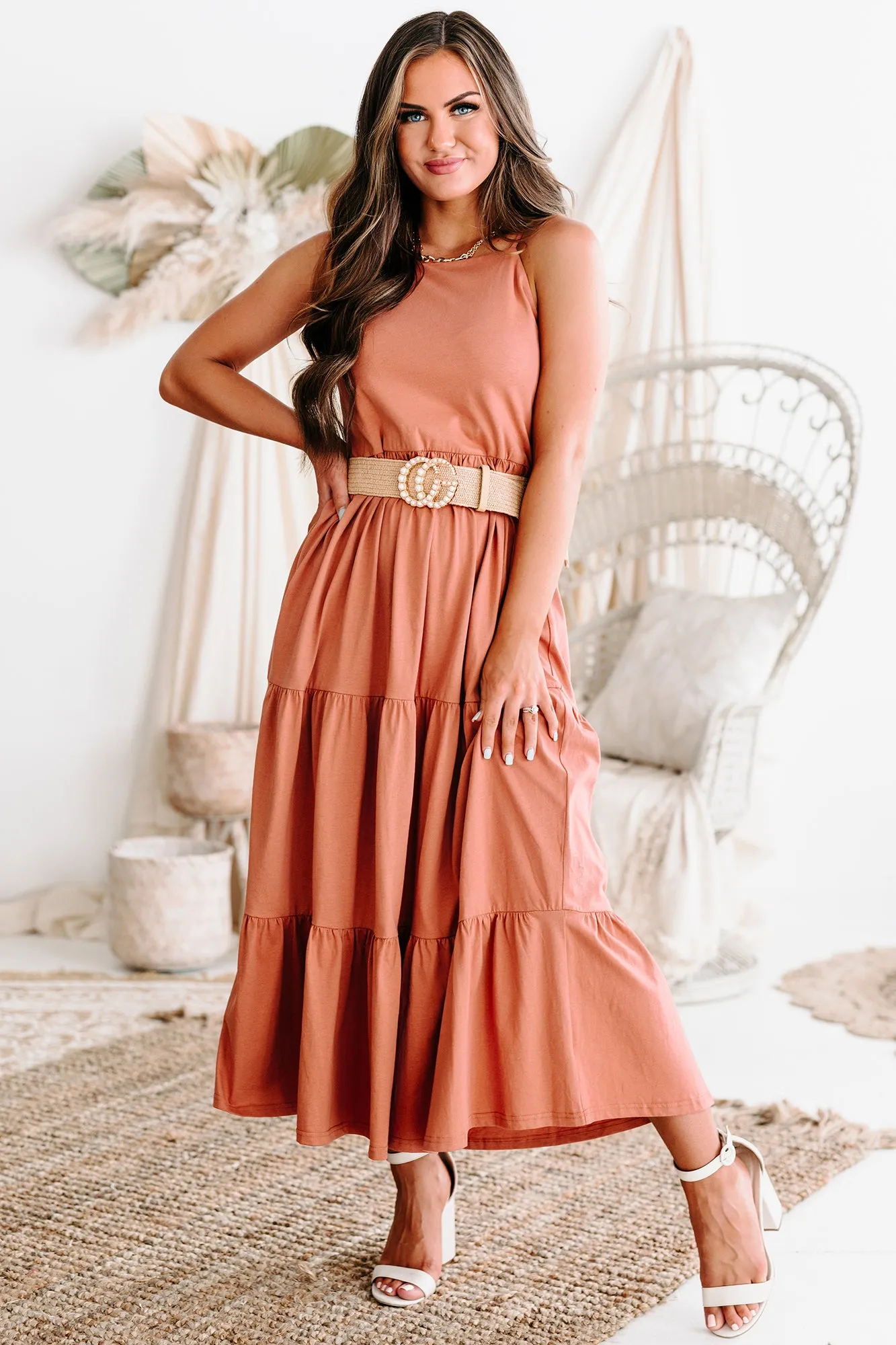 Hit It Off Tiered Midi/Maxi Dress (Brick)