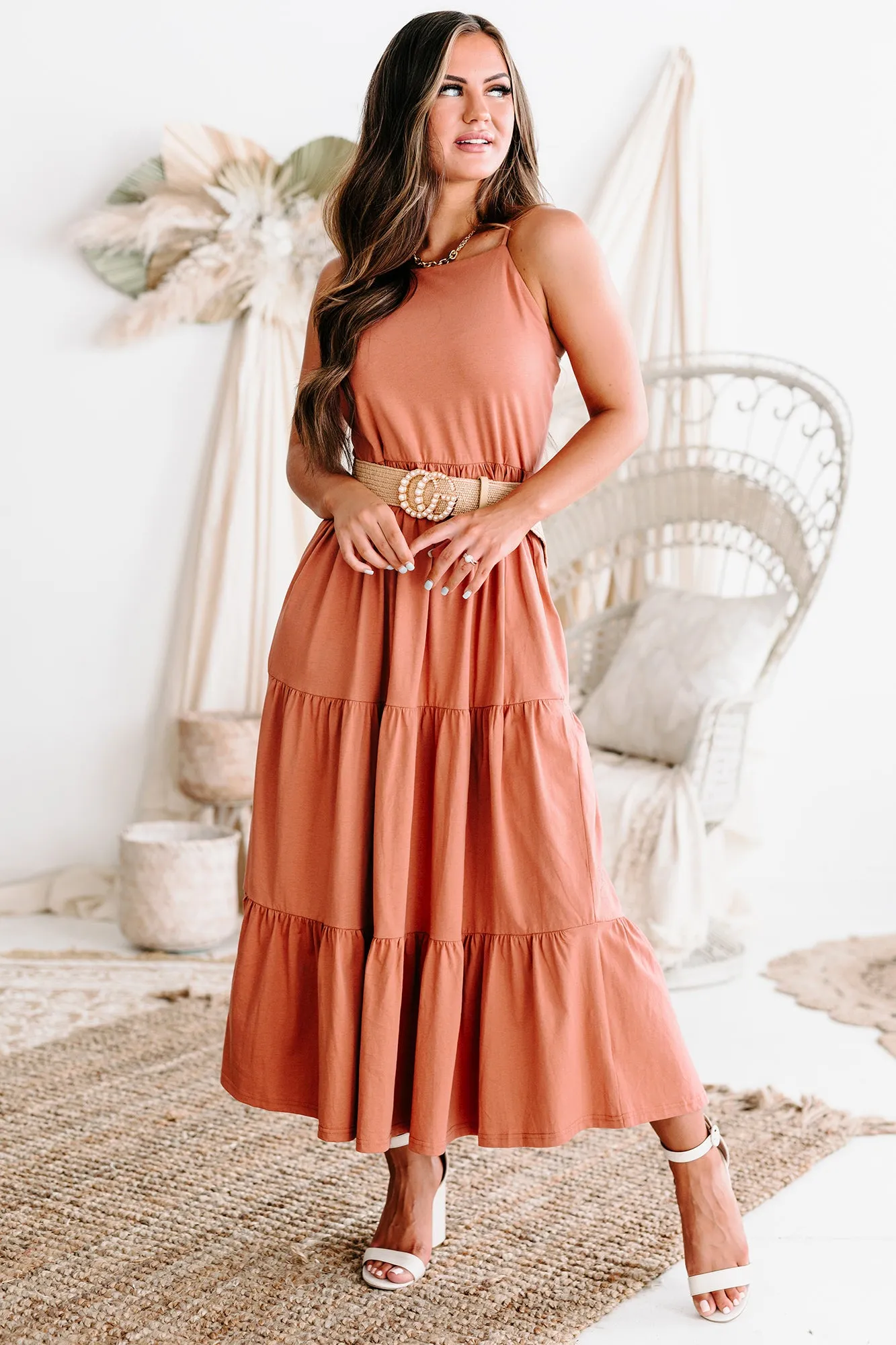 Hit It Off Tiered Midi/Maxi Dress (Brick)