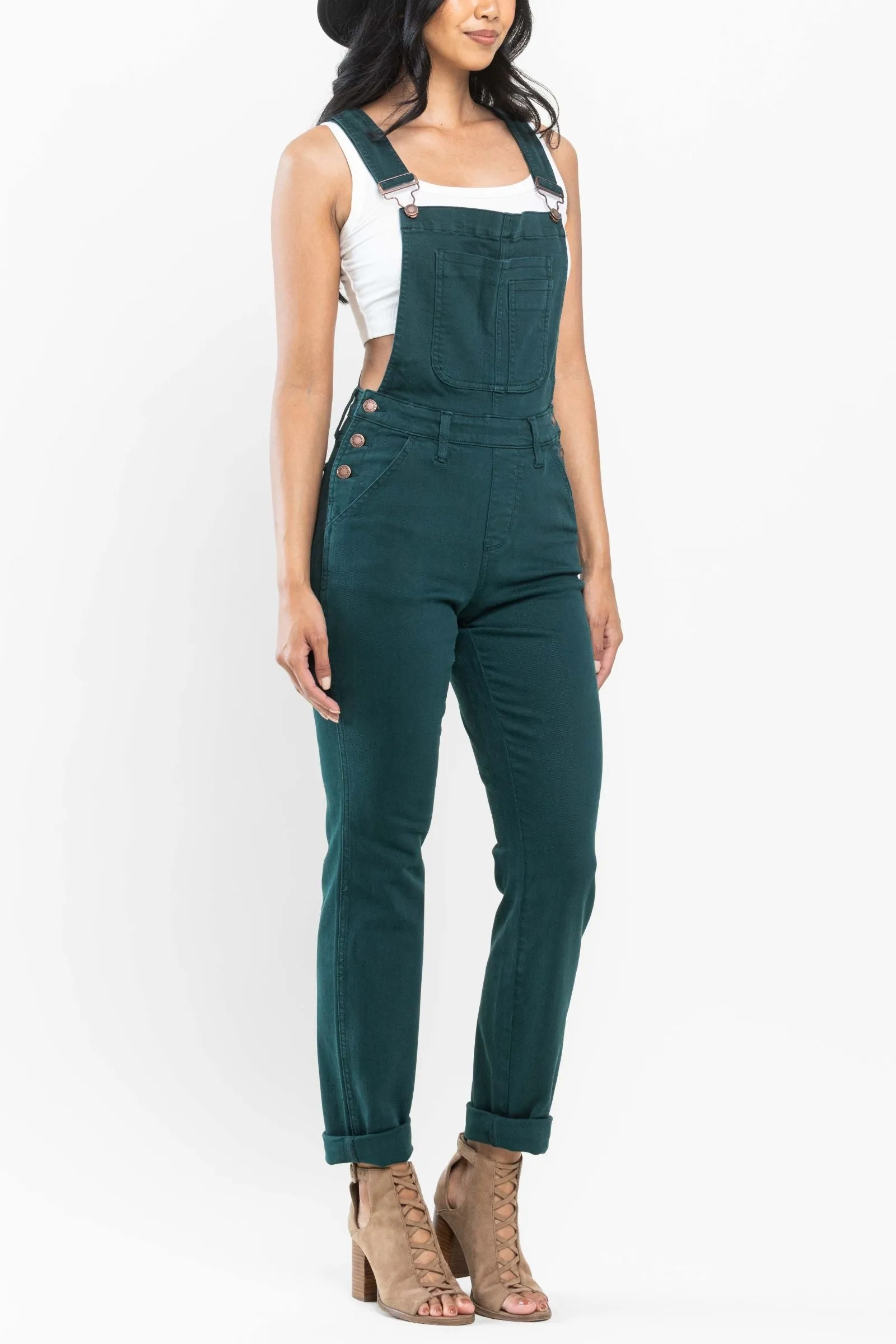 Judy Blue High Waist Garment Dyed Teal Double Cuff Boyfriend Overall Denim 88789