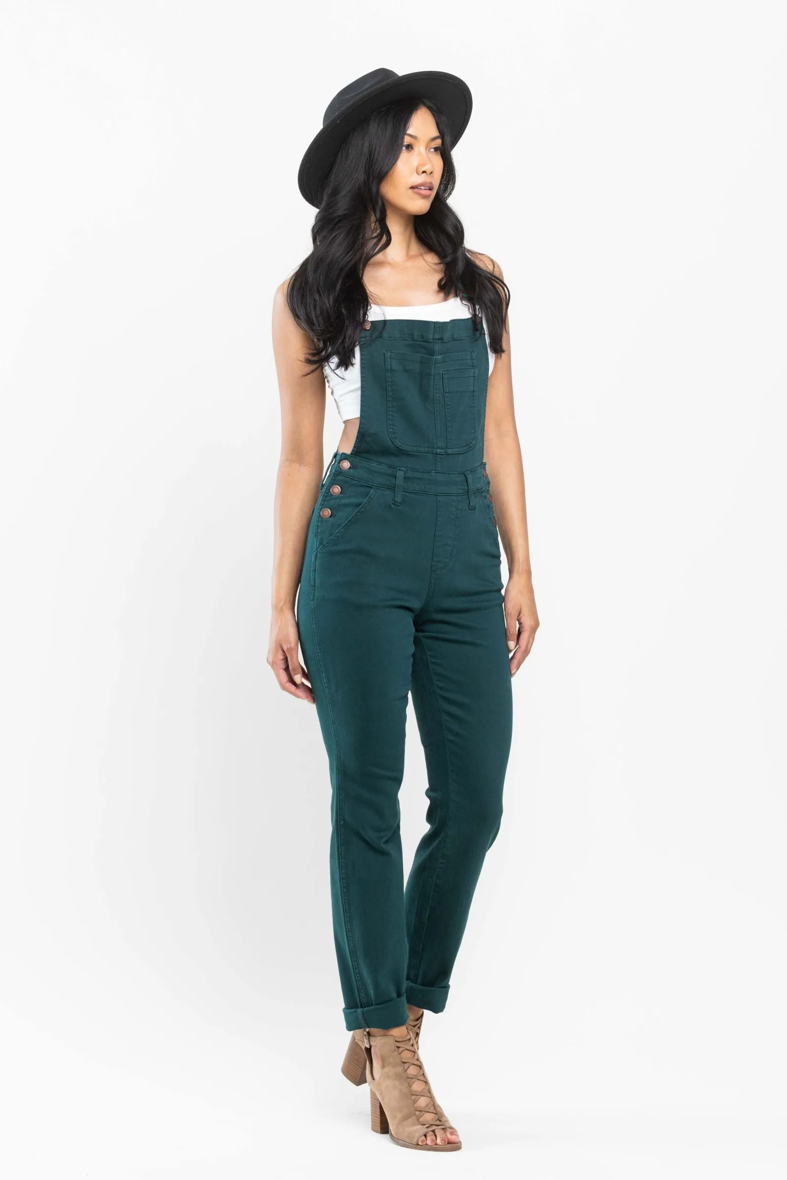 Judy Blue High Waist Garment Dyed Teal Double Cuff Boyfriend Overall Denim 88789