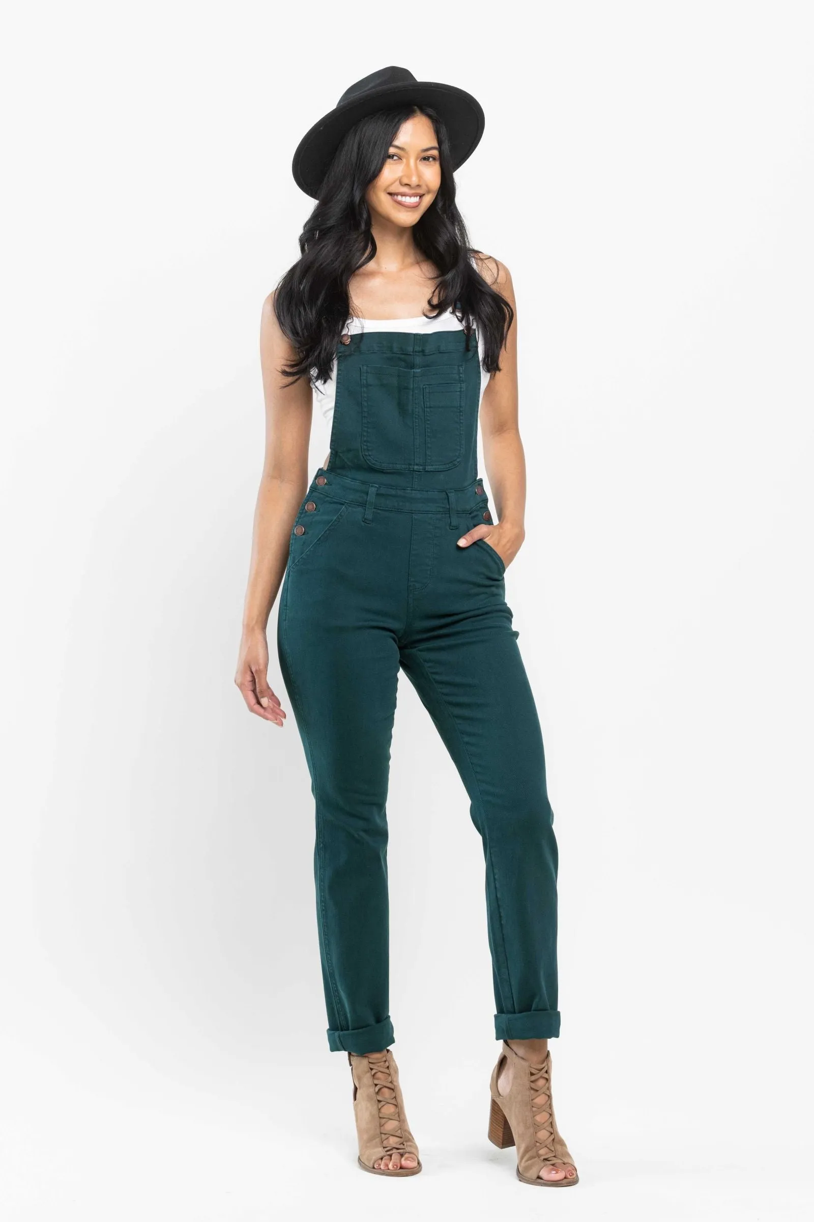 Judy Blue High Waist Garment Dyed Teal Double Cuff Boyfriend Overall Denim 88789