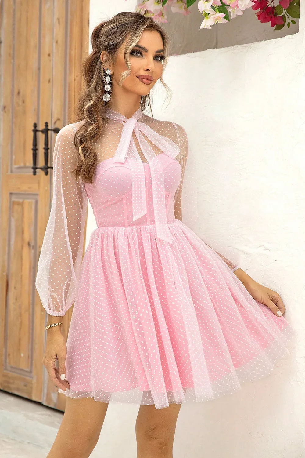 Just Like Barbie Tie Neck Open Back Mesh Dress