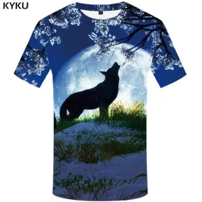 KYKU Brand Wolf T-shirts Men Moon T-shirt 3d Animal Tshirts Print Mountain T shirts Funny Snow Tshirt Anime Mens Clothing