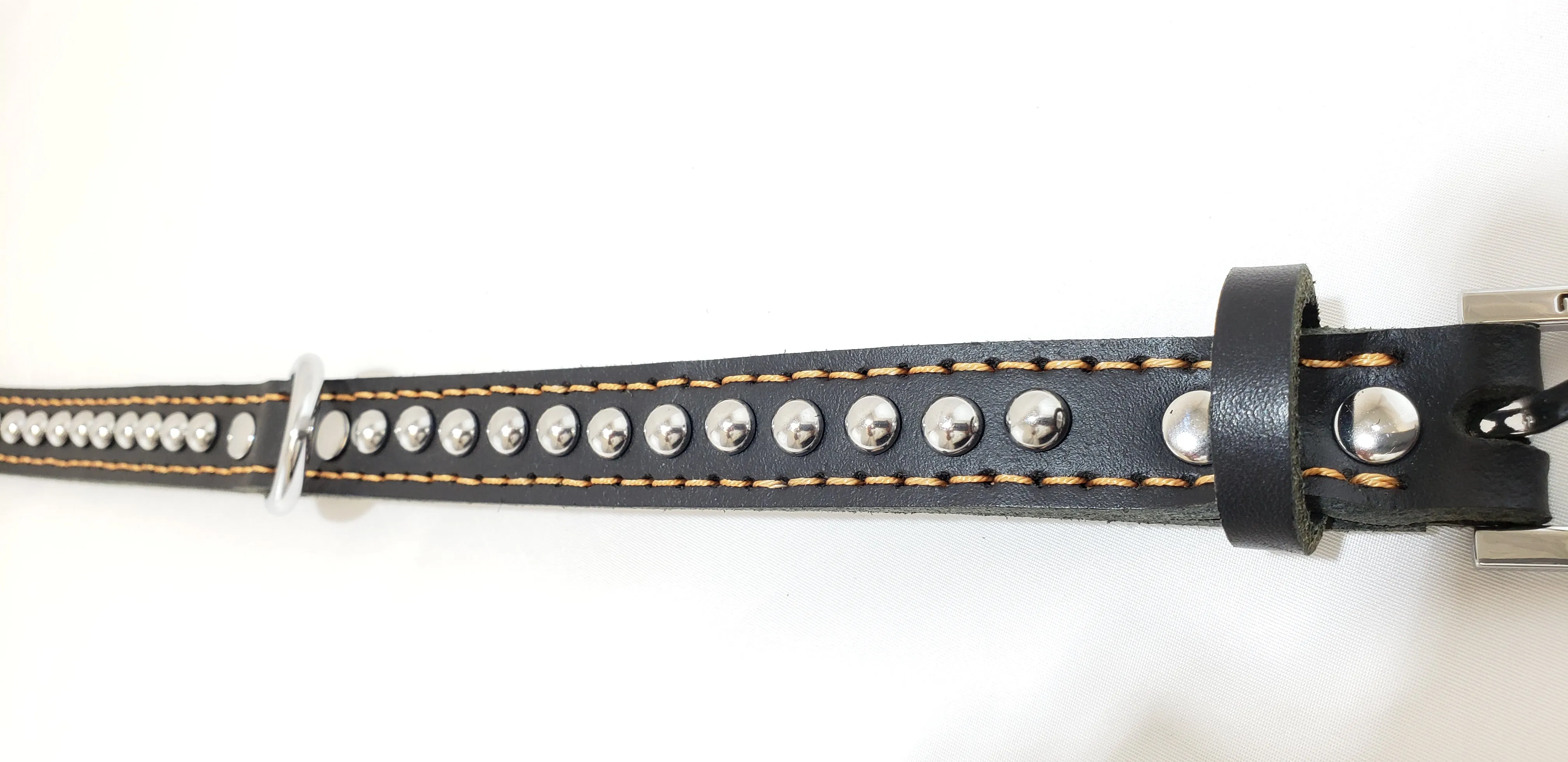 Leather Dog Collar with Single Line of Silver Chrome Buttons - Black - Small