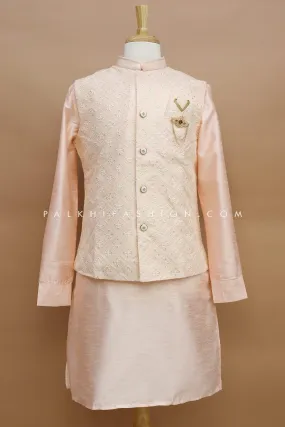 Light Peach Mens Jacket Kurta With Chikankari Work