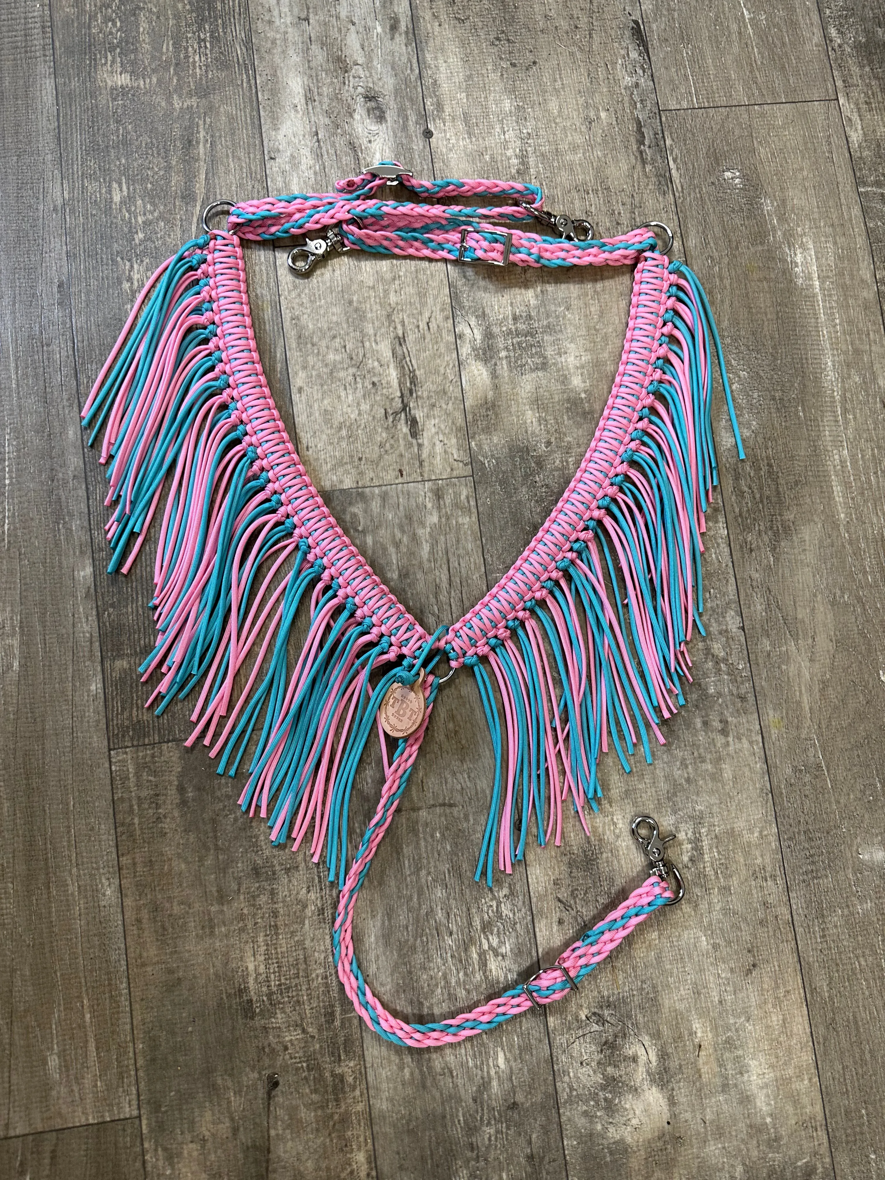 Light pink and teal fringe breast collar