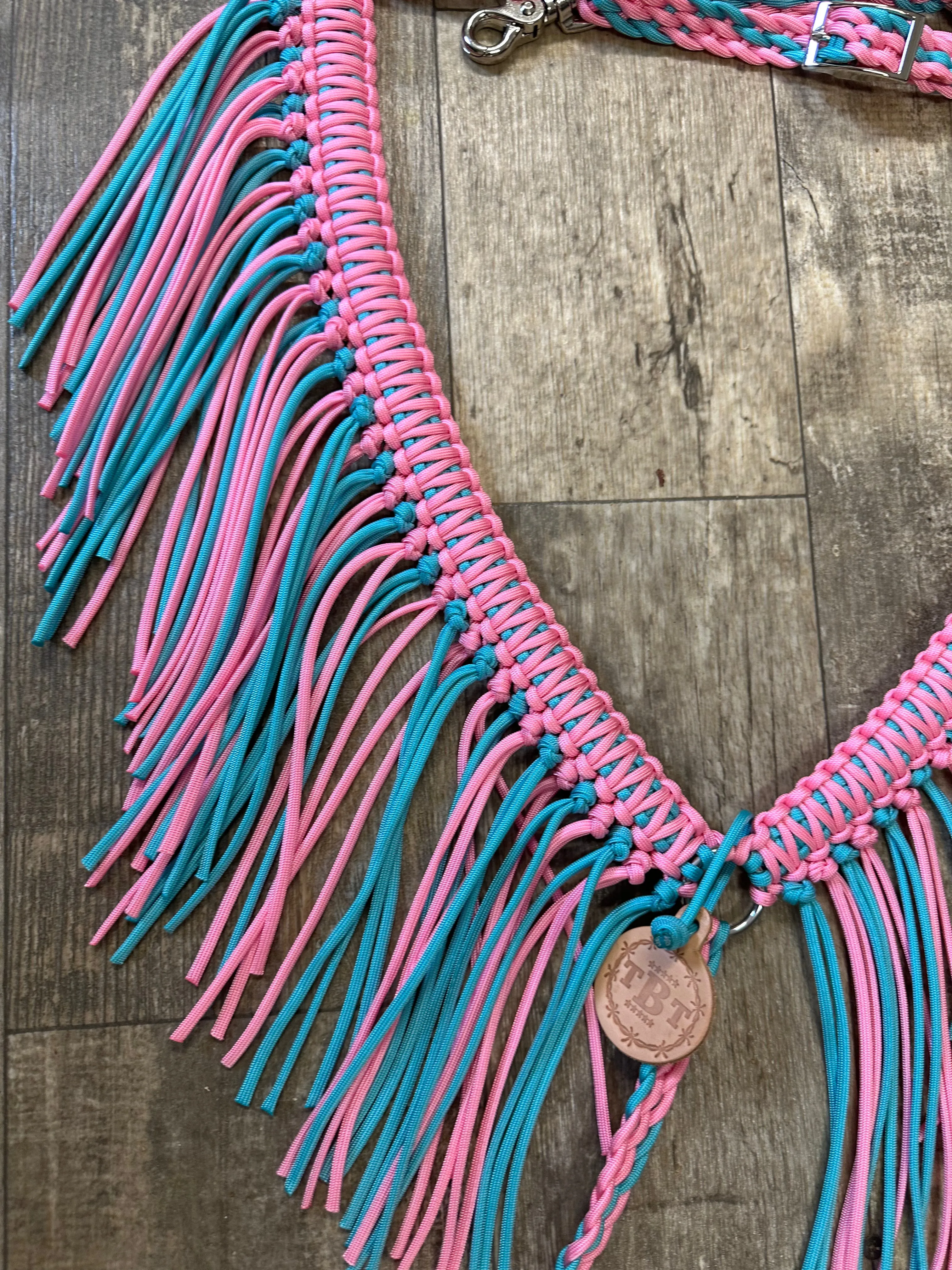 Light pink and teal fringe breast collar