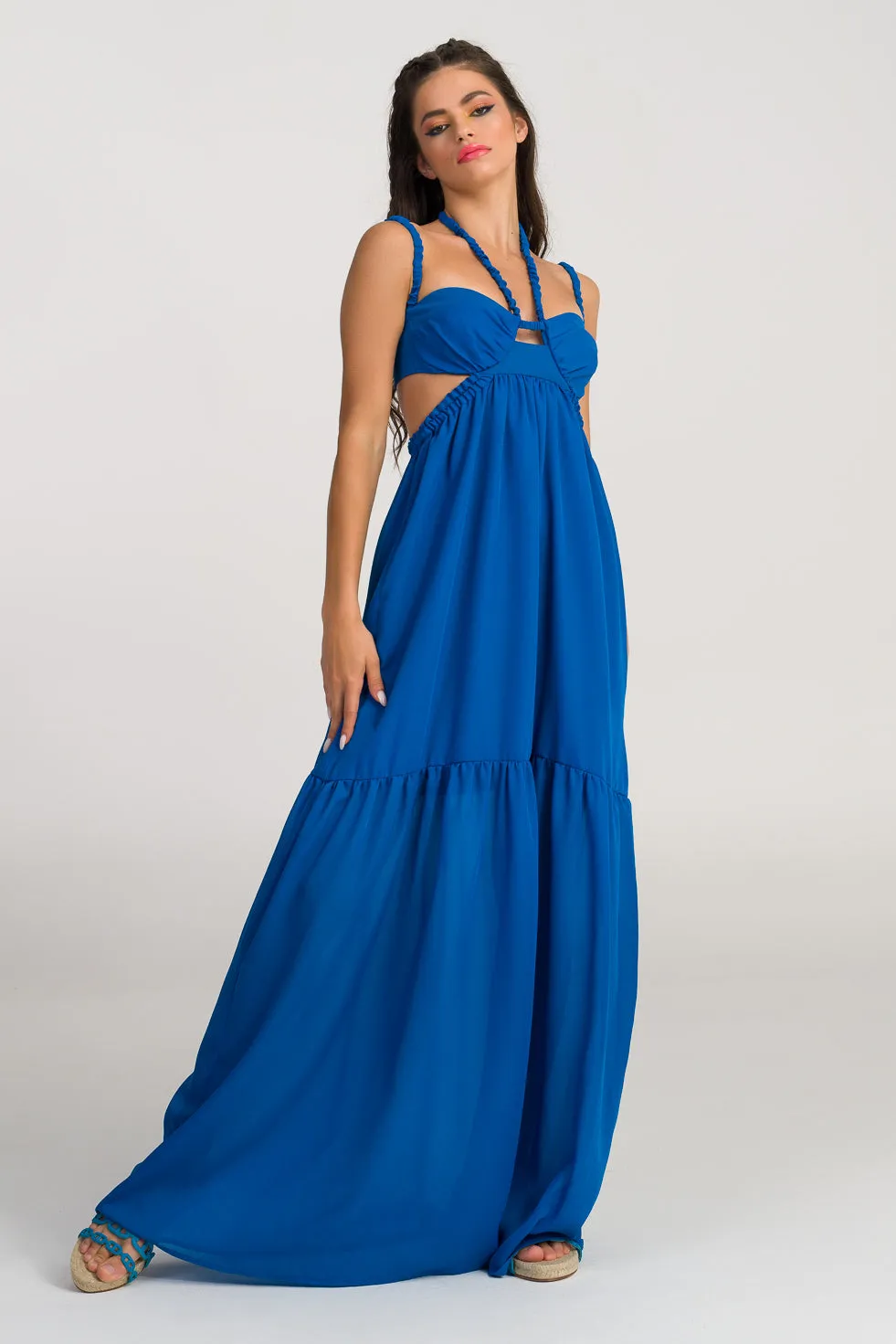 Lillian Blue Silk flared maxi dress