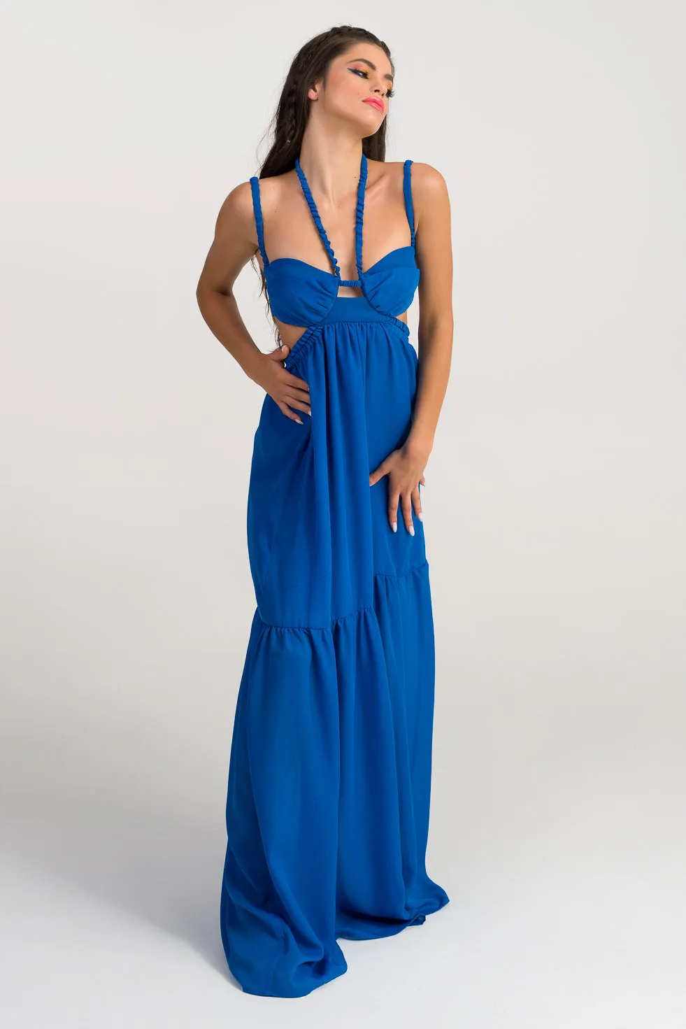 Lillian Blue Silk flared maxi dress