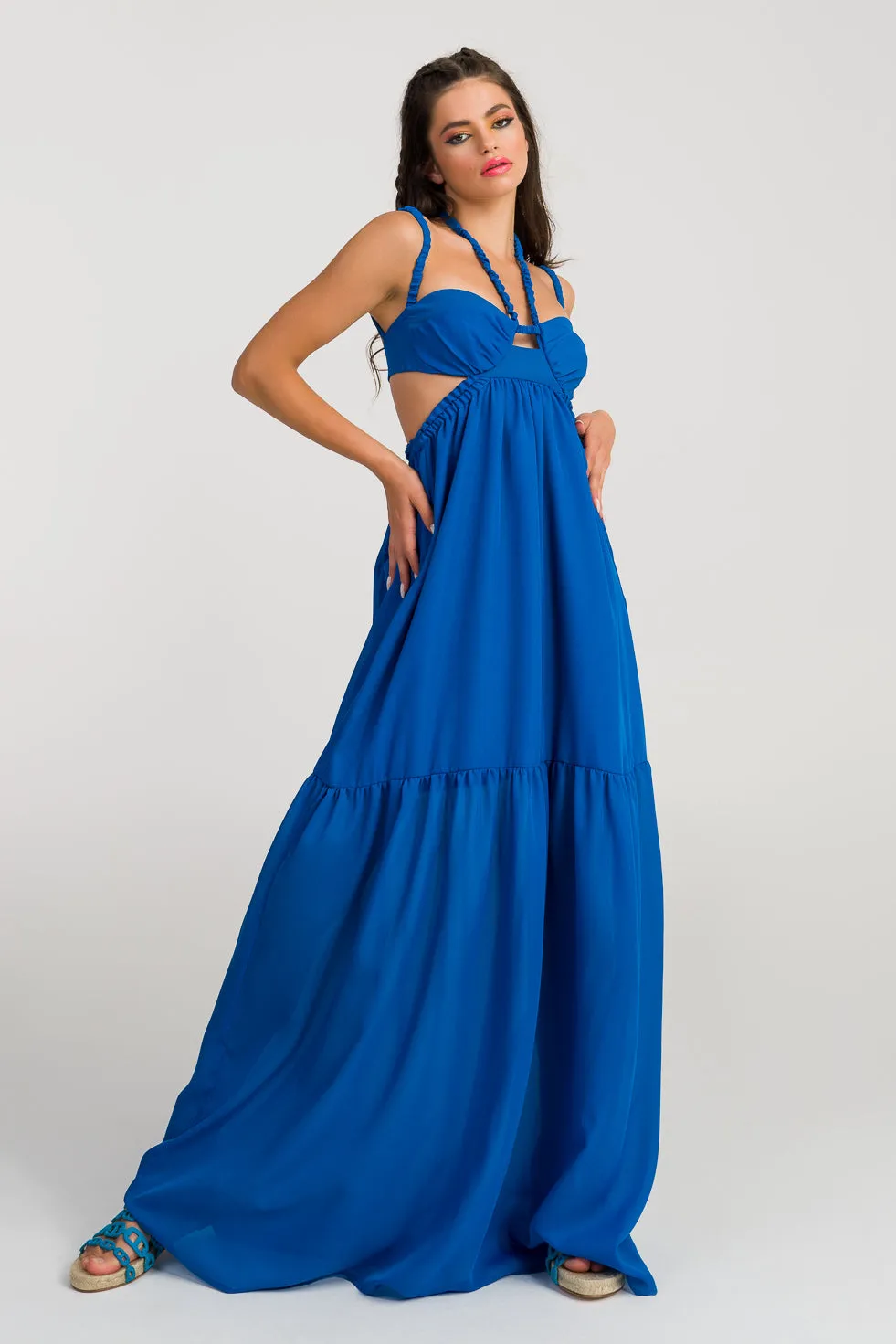 Lillian Blue Silk flared maxi dress