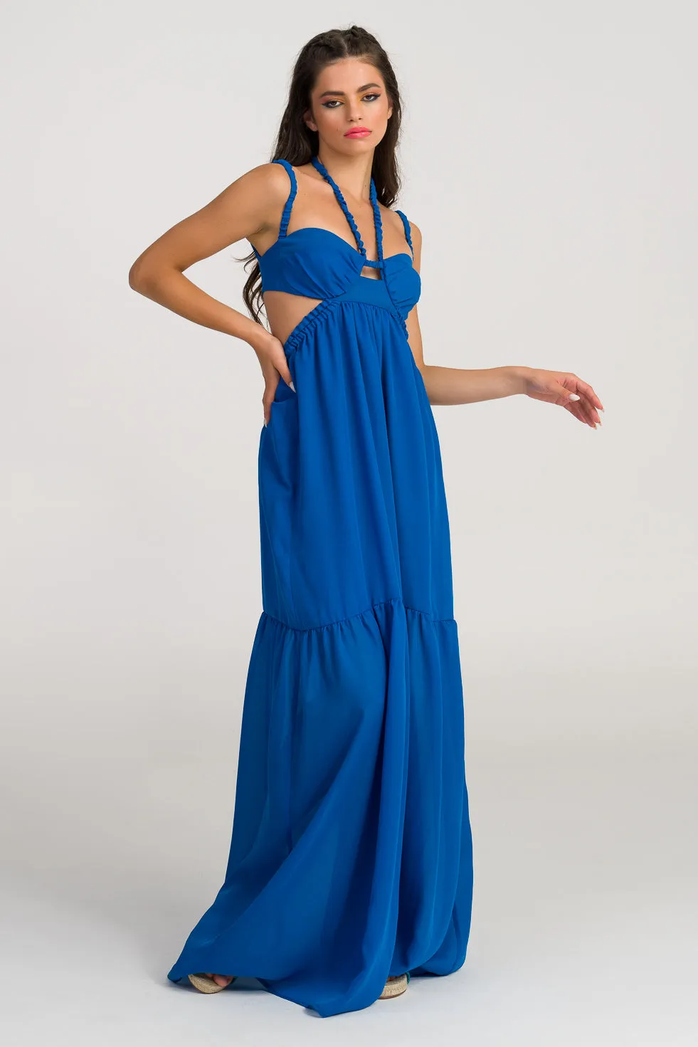 Lillian Blue Silk flared maxi dress