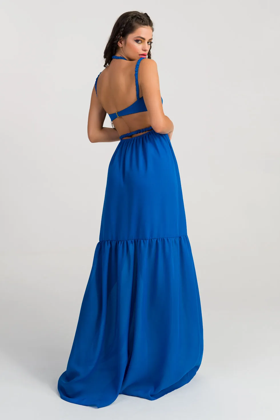 Lillian Blue Silk flared maxi dress