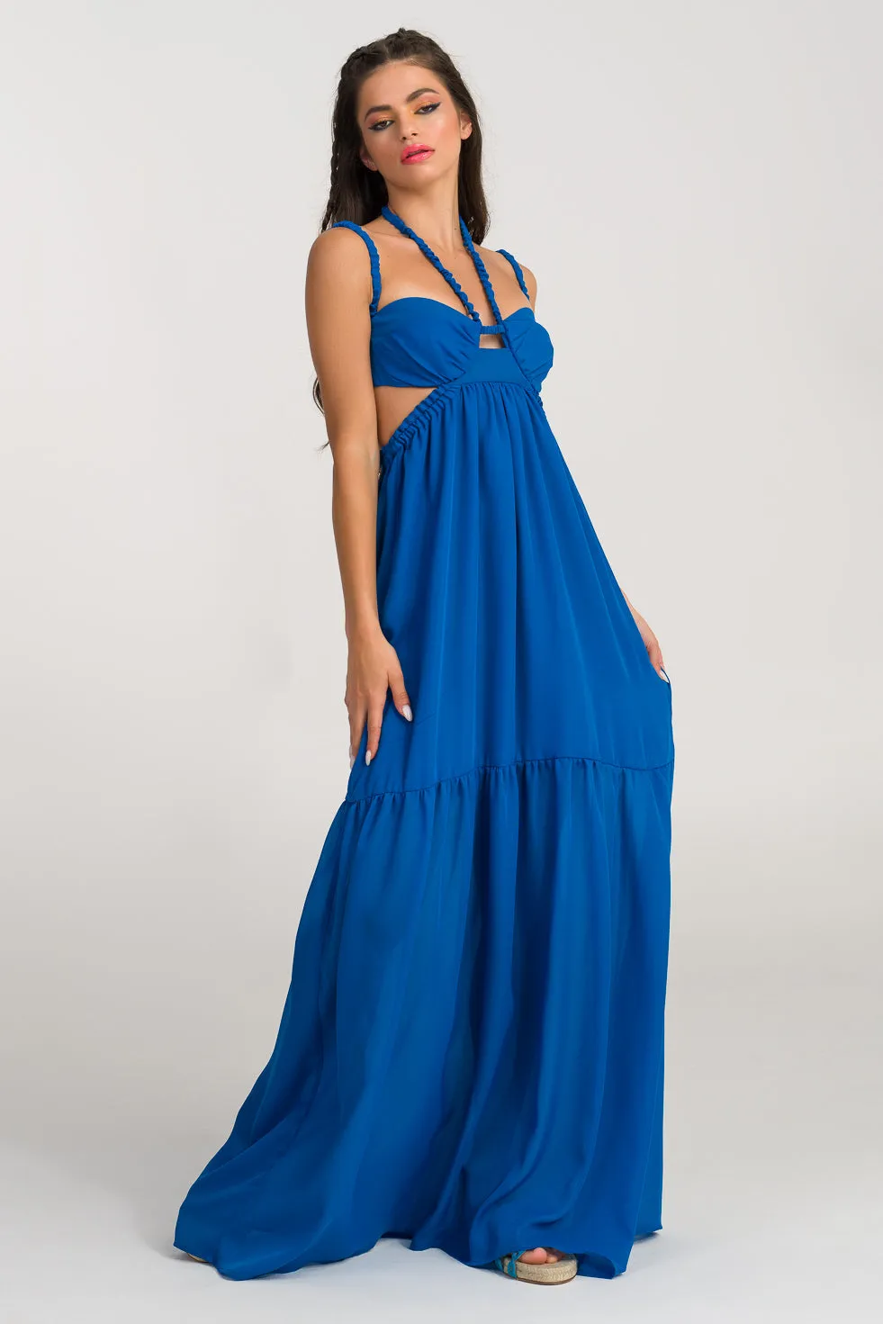 Lillian Blue Silk flared maxi dress